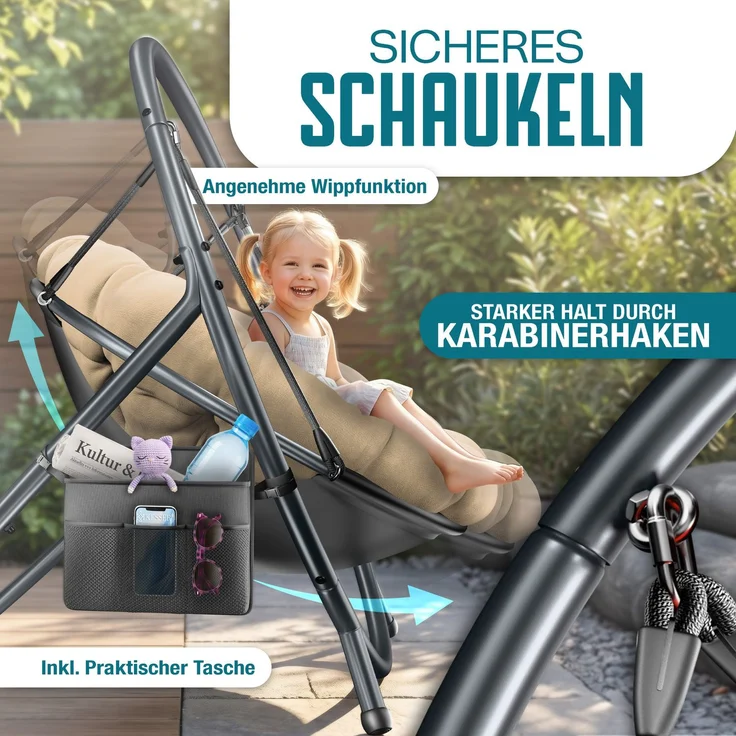 KESSER® Hängesessel mit Gestell BALI Hängeschaukel Hängestuhl bis 150kg für Indoor und Outdoor + Kissen & Seitentasche Hängekorb Stahlgestell & Schaumstoff Sitzpolster ideal für Wohnzimmer & Garten Beige – Bild 6
