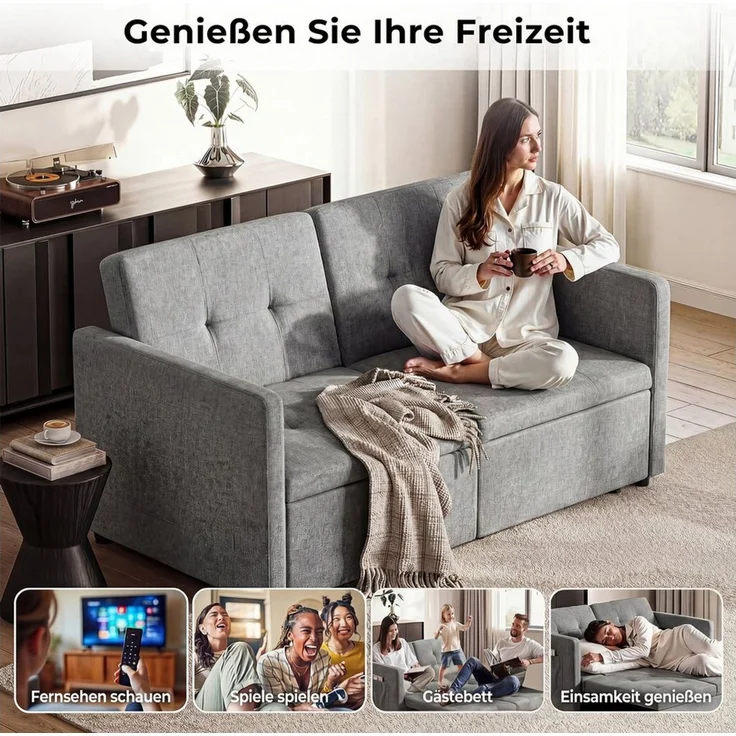 oyajia Schlafsofa 3 in 1 Klappsofa & Schlafhocker mit Bettfunktion, 2-Sitzer, 2-Sitzer Sofa mit verstellbarer Rückenlehne, Ergonomisch, Max. bis 300KG, Doppelschlafsofa für Wohnzimmer/Schlafzimmer/Spielzimmer – Bild 4