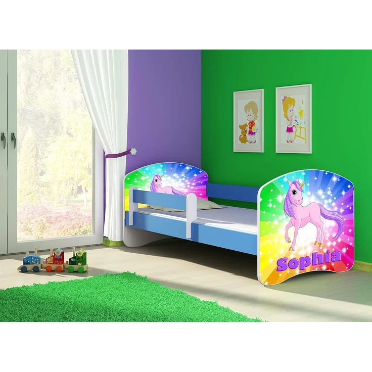 ACMA Kinderbett Jugendbett mit Einer Schublade und Matratze Blau mit Rausfallschutz Lattenrost II 140x70 160x80 180x80 (18 Pony Regenbogen, 140x70) – Bild 4