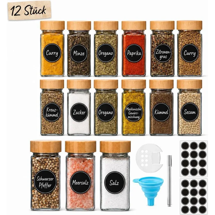 Gewürzgläser Set 12 Stück, 120ml mit Deckel, Bambus, Gewürzstreuer