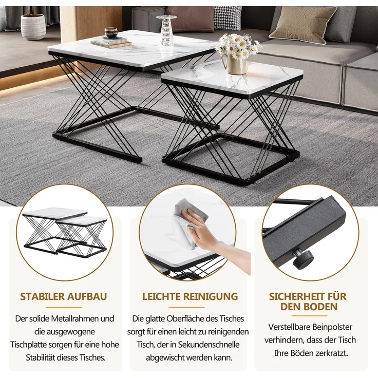 2-teiliges Couchtisch-Set in Weiß mit hochglänzender Marmoroptik, quadratische Beistelltische aus MDF mit höhenverstellbaren Füßen – Bild 7