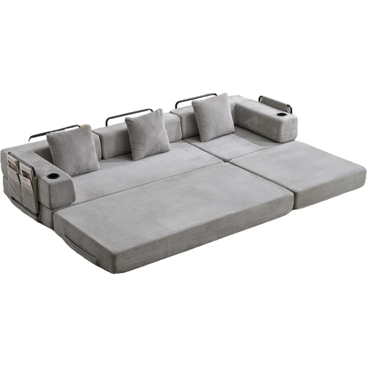Bodensofa mit Schlaffunktion aus Cord in Hellgrau，H 60 x T 277.5 x B 92.5 cm – Bild 6