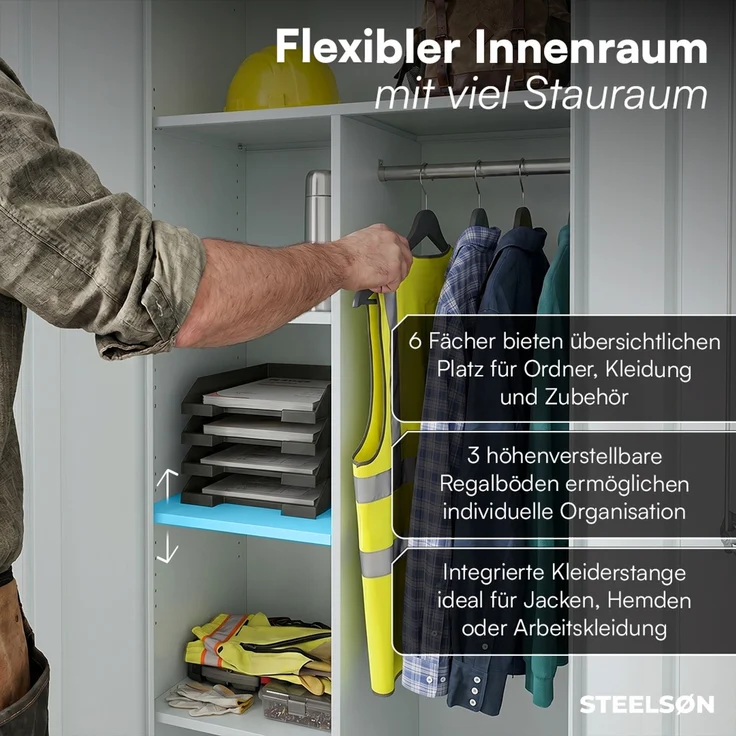 STEELSØN 'Regulus' Garderobenschrank mit 6 Fächern und Kleiderstange, Metall, hellgrau, 175x40x80 cm, abschließbar, inkl. Schloss – Bild 4