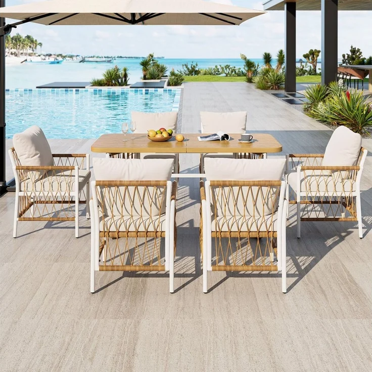 Merax Gartenlounge-Set Polyratten Gartenmöbel-Set mit geflochtenen Armlehnen & Polsterkissen, (7-tlg), 6-Sitzer Gartenset mit 1 Tisch & 6 Stühlen,Lounge-Set mit Eisengestell – Bild 3
