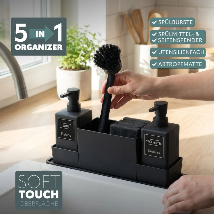 eluno Spülbeckenorganizer mit vielen Extras wie 2 Seifenspendern, aus schwarzem Kunststoff, ca. 34,5 x 24 x 9 cm – Bild 3