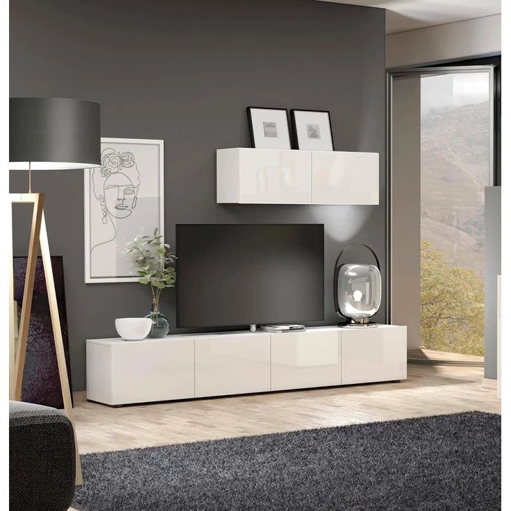 Dmora - Fernsehschrank Randfontein, Ständer für Wohnzimmerfernseher, Niedriges Wohnzimmer-Sideboard, TV-Ständerbasis, Made in Italy, 225x38h39 cm, Glänzendes Weiß – Bild 4