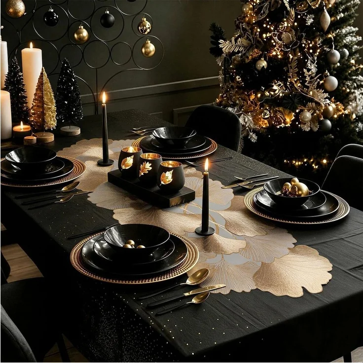 Mutig Tischläufer 5-teilig Goldfarbener Tischläufer 90 cm mit Blattmuster (Waschbare Vinyl Tischdeko 5-tlg, Hitzebeständige Tischauflage), für Hochzeit, Dinner-Party und festliche Tafel – Bild 3