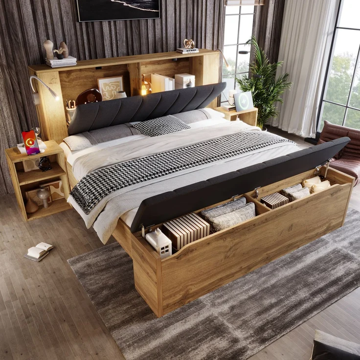 Rayofly-Doppelbett H 200cm x T 160cm x B 200cm, Holzbett mit klappbarem Kopfteil aus Leinenstoff, Stauraum, 2 Nachttische, Bettbank mit Stauraum, Leselampen mit USB, Lattenrost, Eiche, mit Matratze – Bild 6