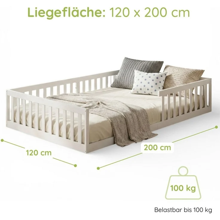 Kids Collective Kinderbett Bodenbett Bett mit Rausfallschutz & Lattenrost Montessori Bett Kinder (90x200, 120x200 und 140x200), Jugendbett Einzelbett Kiefer-Vollholz Weiß 120x200 – Bild 1