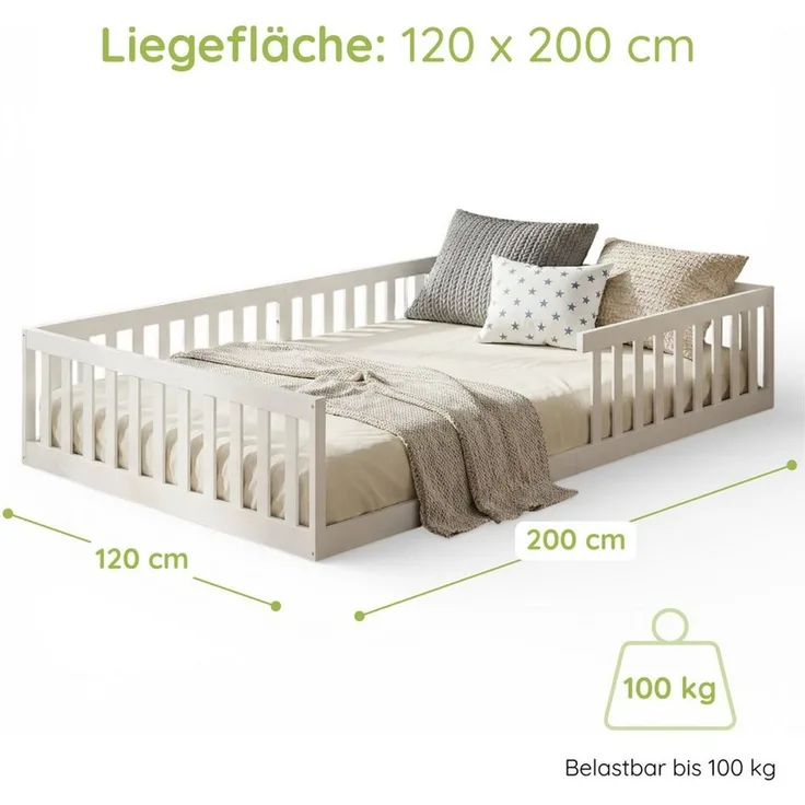 Kids Collective Kinderbett Bodenbett Bett mit Rausfallschutz & Lattenrost Montessori Bett Kinder (90x200, 120x200 und 140x200), Jugendbett Einzelbett Kiefer-Vollholz Weiß 120x200