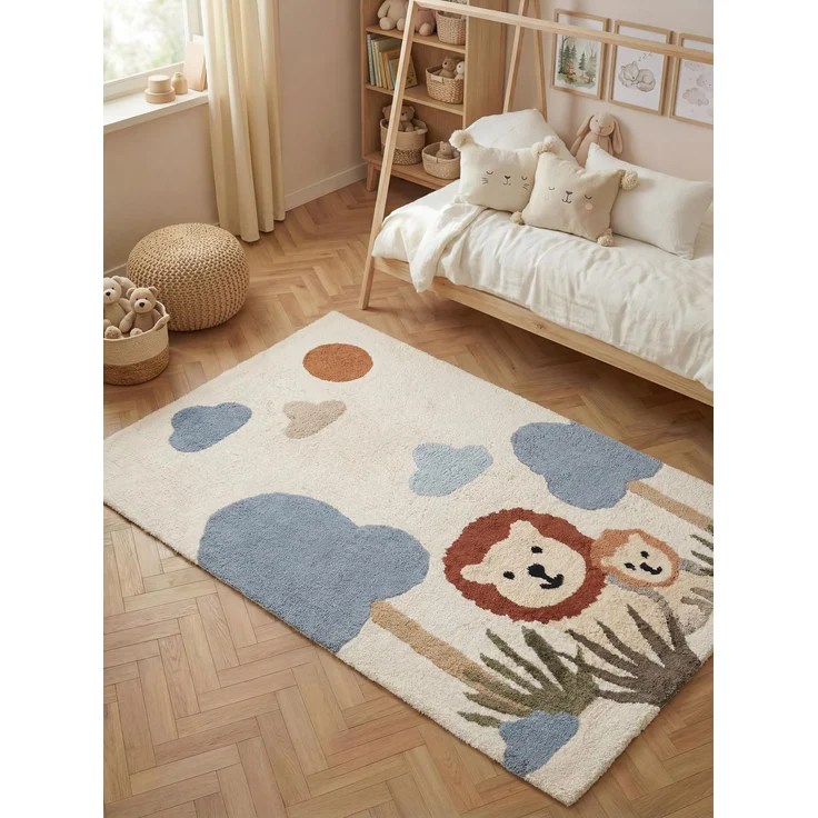 Hanse Home Kinderteppich Lionel - Pflegeleichter Teppich Junge Mädchen, rutschfest & Waschbarer Formteppich Löwe, Kinderzimmer Weicher Spielteppich, Spielunterlage - Creme Multifarben, 140x200 cm