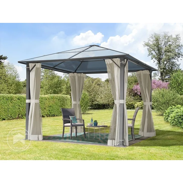 TOOLPORT Gartenpavillon 3x3 m Polycarbonat Dach ca. 6 mm - Hardtop Pavillon mit 4 Seitenteilen und Moskitonetzen in crème