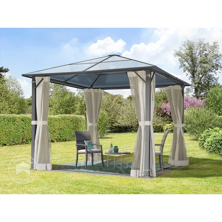 TOOLPORT Gartenpavillon 3x3 m Polycarbonat Dach ca. 6 mm - Hardtop Pavillon mit 4 Seitenteilen und Moskitonetzen in crème – Bild 1
