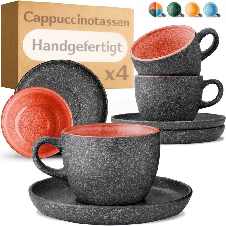 Cosumy Cappuccinotasse Cappuccino Tassen mit Untertassen 4er Set rot, 8-tlg, Keramik, 200 ml Steingut mit reaktiver Glasur - hält lange warm