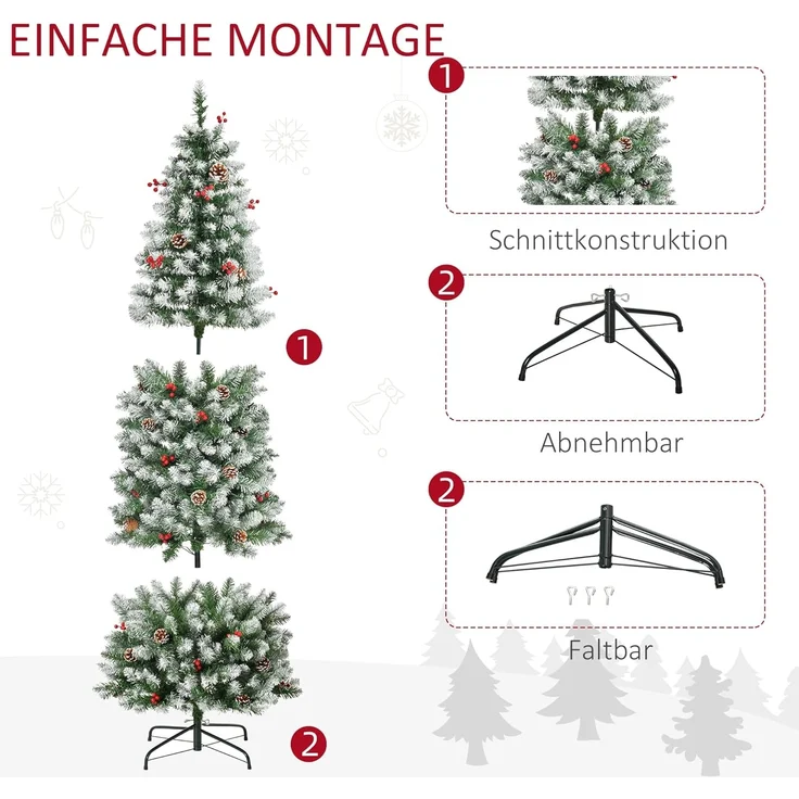HOMCOM Künstlicher Weihnachtsbaum Vorbeleuchteter Weihnachtsbaum, Tannenbaum, mit LED-Lichter Kunsttanne, Grün+Weiß Ø65x180 cm – Bild 8