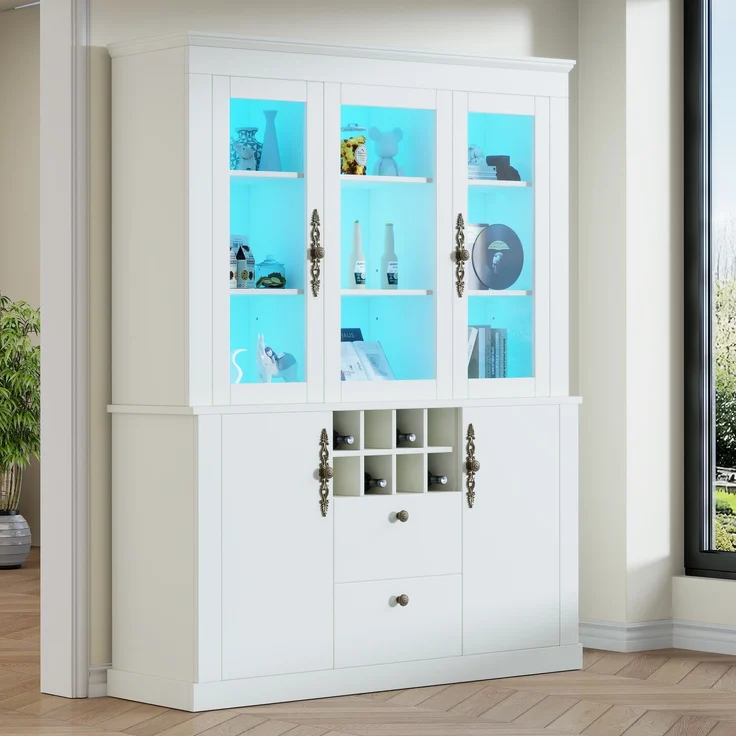 130*37.5*170.5cm Vitrine, Standvitrine mit 2 Schubladen 4 Schranktüren, Glasvitrine mit LED, Wohnzimmerschrank 130 cm breit, Multifunktionsschrank mit 8 Weinregal, Großer Schrank, Weiß – Bild 3