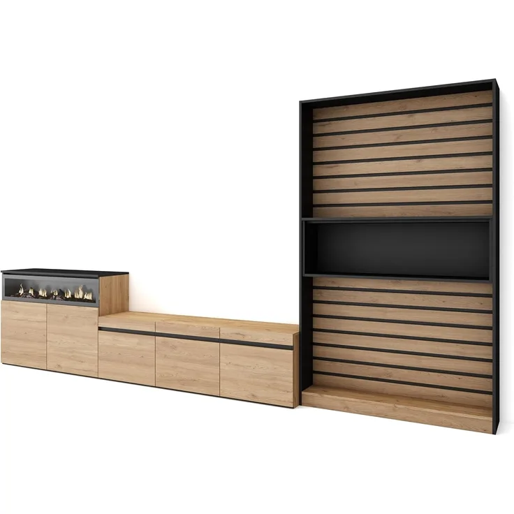 Skraut Home | Wohnwand Wohnzimmer | Wohnzimmermöbel, Möbelset | 360 x 186 x 35 cm | Für TV-Geräte bis zu 65" | Elektrokamin. | Moderner Stil | Eiche Schwarz