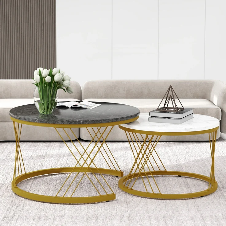 Nesting Couchtisch Set marmoroptik, 2-teilig, 70/45x70/45 cm, grau+gold – Bild 3