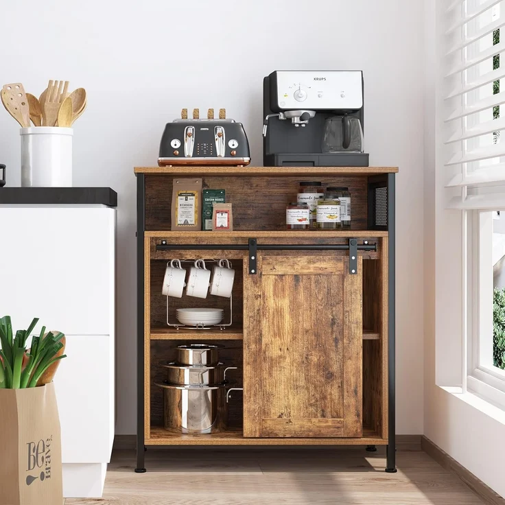 SogesHome Buffets Sideschrank Küchenschrank mit Schiebetür Sideboard mit 3 offenen Fächern für Aufbewahrung für Küchen Wohnzimmer Vintagebraun 70 x 30 x 80 cm – Bild 1
