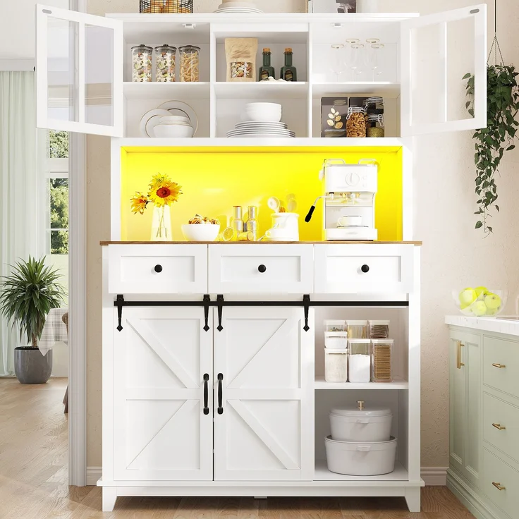 Küchenschrank(105×38.4×180cm), Hochschrank Küchenbuffet, Vitrinenschrank, Buffetschrank mit Verstellbaren Ablagen, Sideboard mit LED-Beleuchtung,Variable Lichtfarben,weiß--Weiß--105x38.4x180cm--YOUDENOVA – Bild 2
