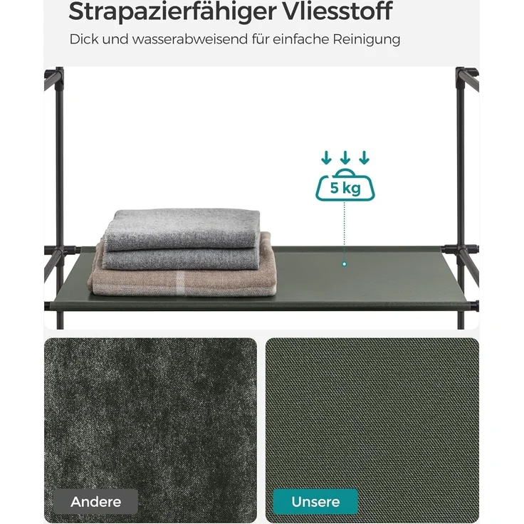 Songmics Kleiderschrank, Stoffschrank, mit Überzug aus Vliesstoff, Faltschrank mit Kleiderstange, 45 x 150 x 175 cm, 12 Ablagen, Metallrahmen, Schrank fürs Schlafzimmer, salbeigrün LSF003C02 – Bild 5