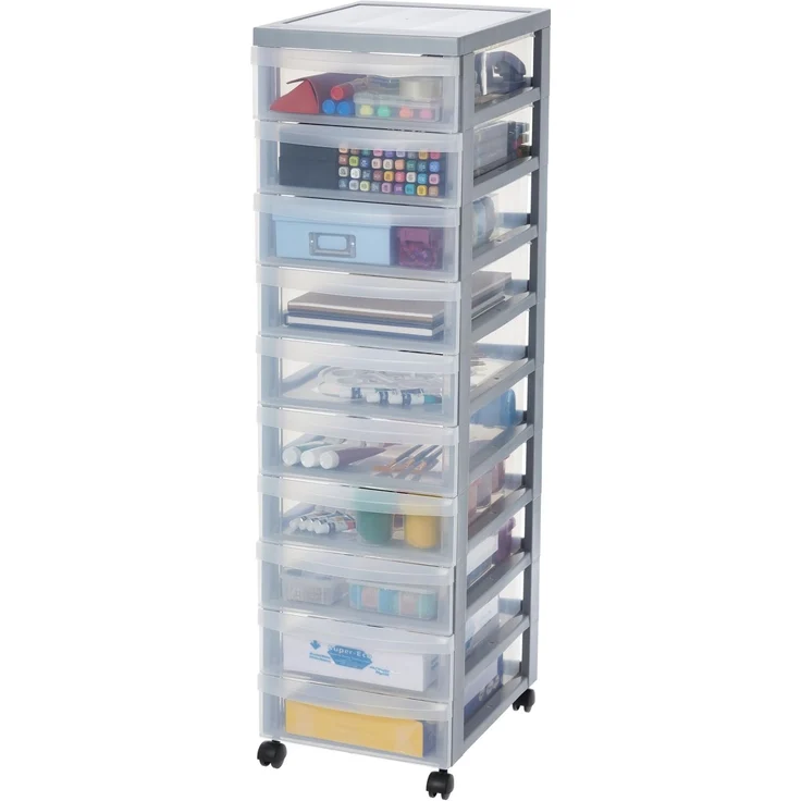 Iris Ohyama, Plastik-Aufbewahrungsturm, 10 Schubladen, 7L Schreibtisch, Intarsien-Griff, 4 abnehmbare Räder, DC-010, Grau- B29 x T40 x H100.5 cm