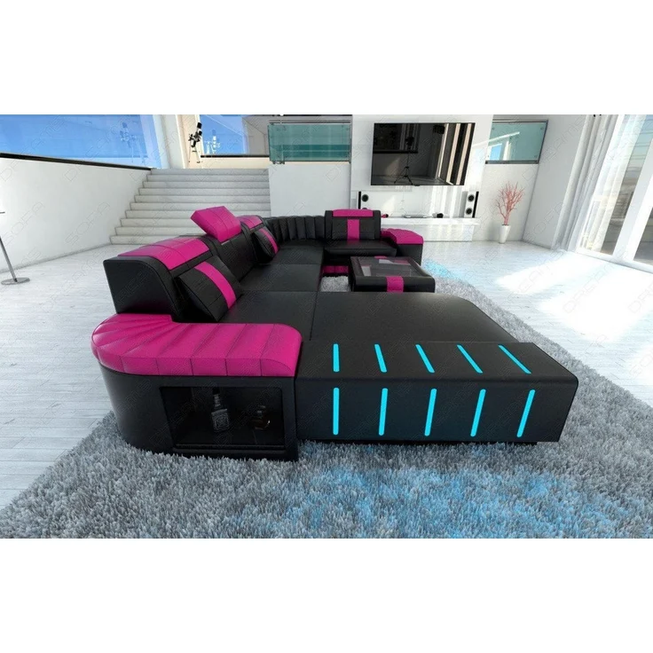 Sofa Dreams - Mini Designer Wohnlandschaft Bellagio Led U-Form - Ledermix - Schwarz-Pink - Links – Bild 2