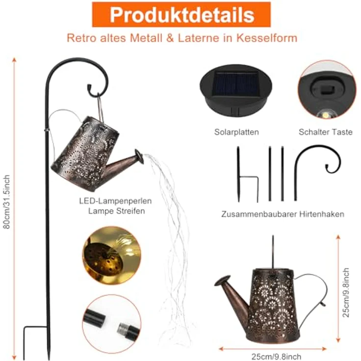 OUILA Solar Gießkanne Lichterkette, 2 Stück Solarlaterne für außen mit Schäferhaken, Solarlampen IP65 Wasserdicht, LED Lichterketten für Außen, Gartendeko, Hofweg, Blumenbeet – Bild 2