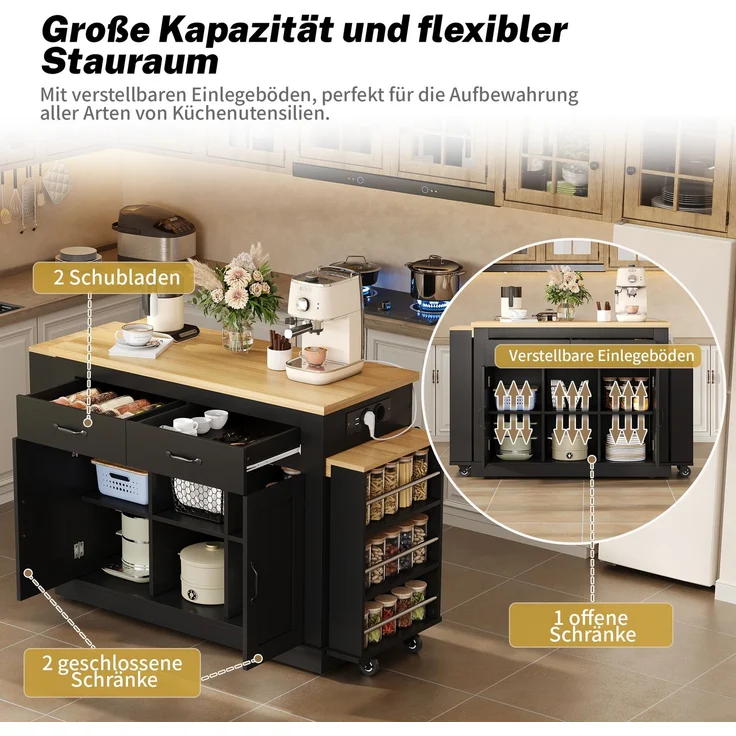 Merax 340cm Kücheninsel mit zwei ausziehbaren Arbeitsflächen,stilvolle mobile Insel,verstellbare Regalböden,2x220V-Steckdosen,2xUSB-Anschlüsse, Schwarz – Bild 7