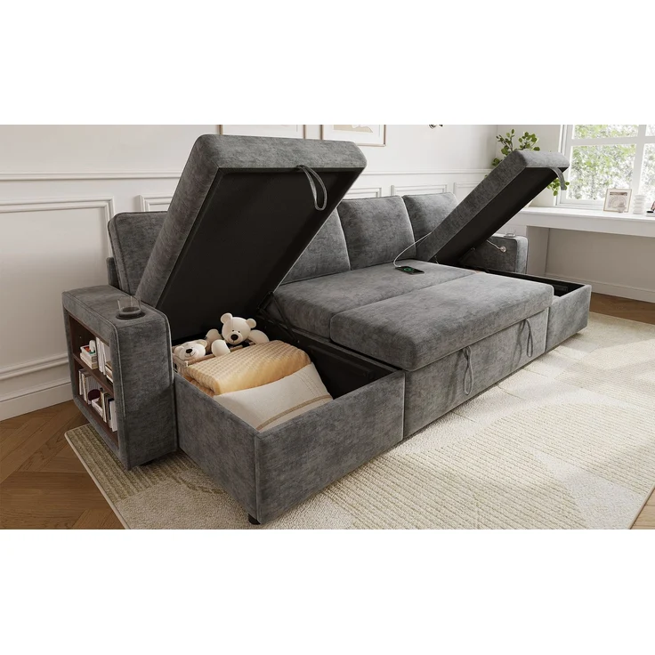 ZUBALIYA Schlafsofa, mit Stauraum, mit USB-C-Anschluss, mit Schlaffunktion, modular kombinierbar, mit Getränkehaltern, H 86 × T 270 × B 125 cm, Grau, Chenille – Bild 18