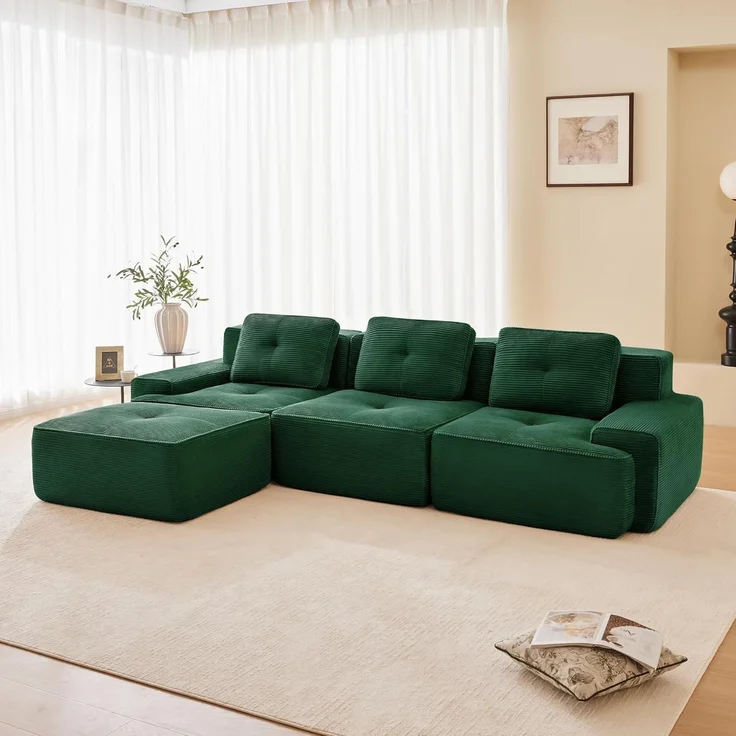 3 Sitzer Sofa modular Ecksofa Cord Grün 3-Sitzer-Sofa + 1 Hockern – Bild 3