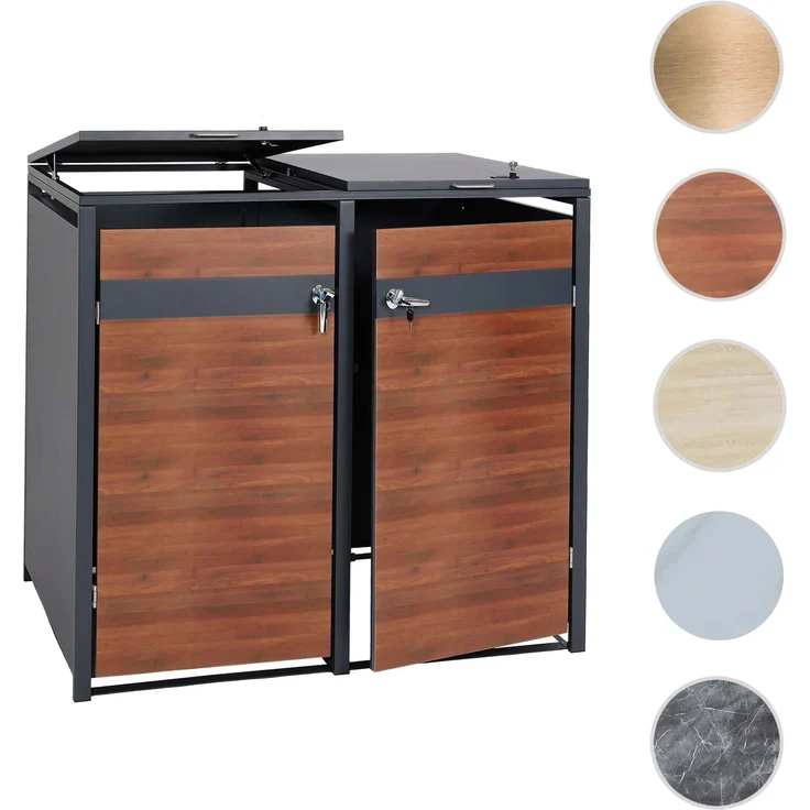 2er Mülltonnenverkleidung HWC-J82, Mülltonnenbox, erweiterbar, Metall 50kg, anthrazit ~ Kirsche-Holzoptik dunkelbraun – Bild 10