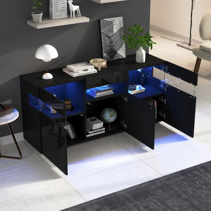 Merax 140cm Wohnzimmer-Sideboard, Kommode mit 3 Türen, Hochglanz-Wohnzimmerschrank mit LED-Lichtleiste, Transparentes Acrylgehäuse, Schrank mit 7 Ablagefächern, Schwarz – Bild 3