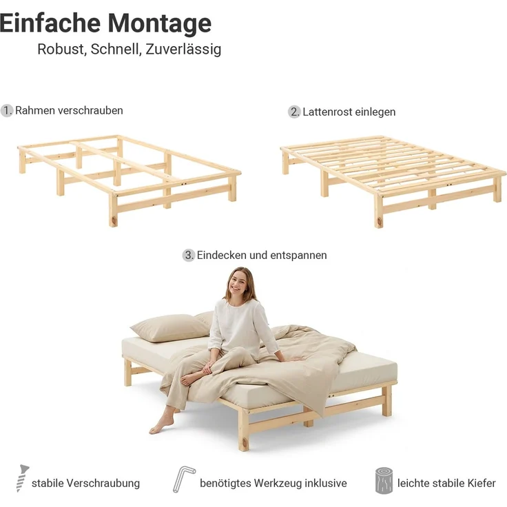 Holzbett 120x200 mit Matratze Doppelbett Holz Natur Bett Massiv Palettenbett Bettgestell Holzbettrahmen Lattenrost – Bild 5