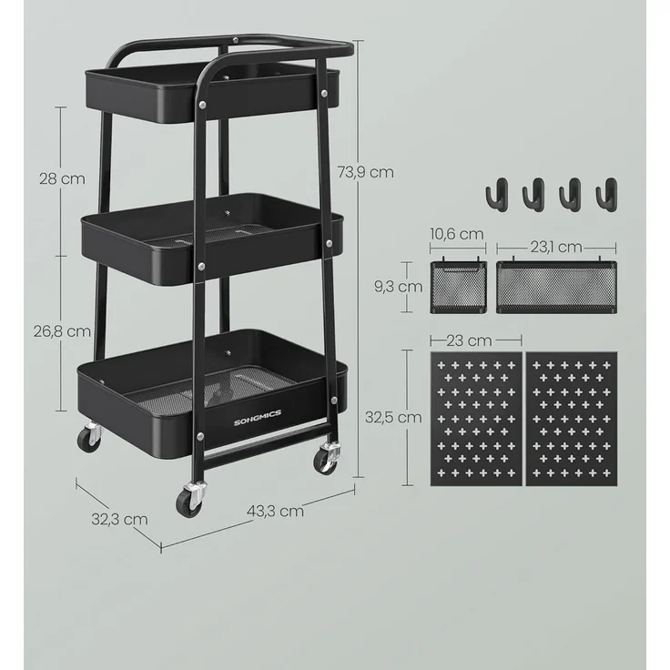 SONGMICS Rollwagen, Küchenwagen, 3 Metallgitterablagen, Servierwagen, 2 abnehmbare Lochplatten, 2 Hängekörbe, 4 Haken, für Büro, Küche, Wohnzimmer, Badezimmer – Bild 6