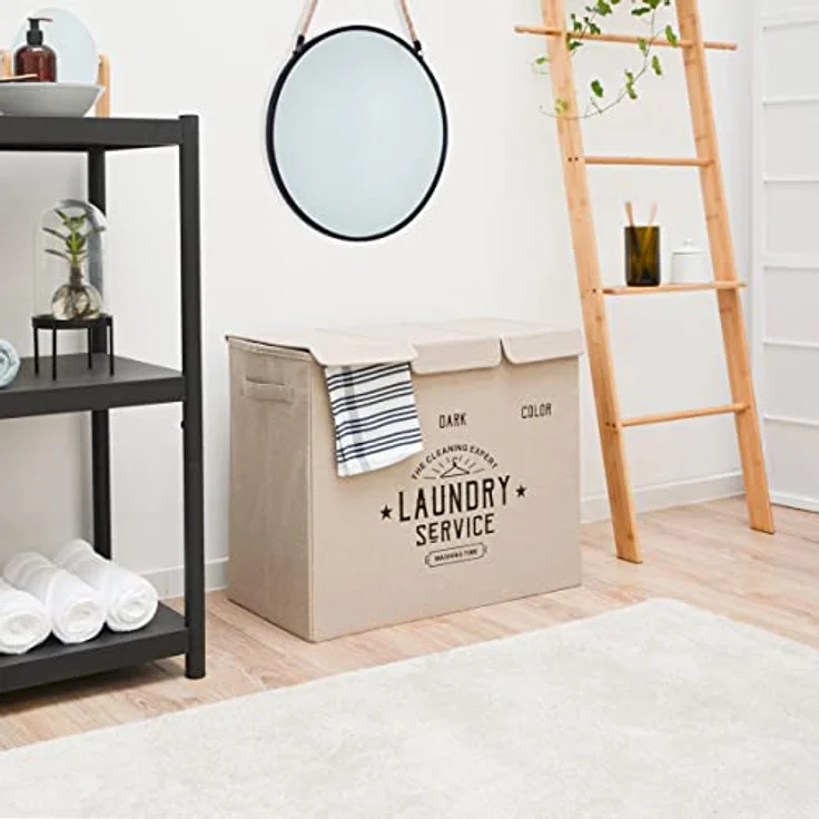 DuneDesign Wäschekorb 84 Liter, faltbar mit Deckel und 3 Fächern in Beige, wasserabweisend und stabil – Bild 2