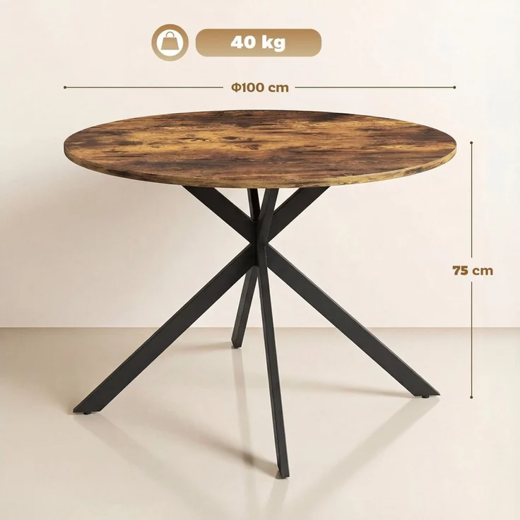 HOMCOM Esstisch Küchentisch im Industriestil mit Stahlbeinen für 4 Personen (für Esszimmer, Küche, Wohnzimmer, 1-St, rund, 100 x 100 x 75 cm), Rustikal-Braun – Bild 3