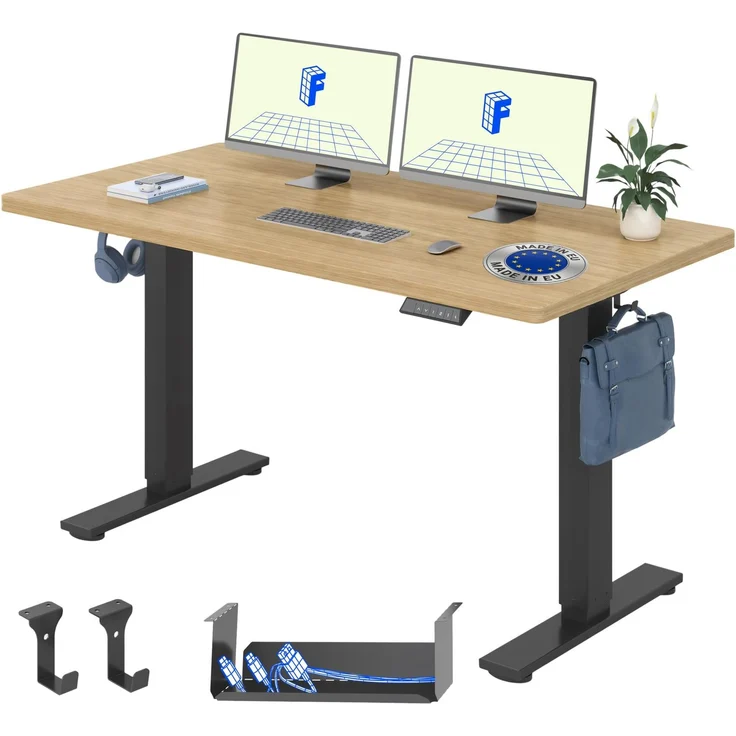 FLEXISPOT Höhenverstellbarer Schreibtisch elektrisch 160×80cm– Schreibtisch in Heller Eichenoptik, 25 mm Tischplatte, leiser Motor für Homeoffice & Wohnräume (Natur-Eiche Optik, Schwarz Gestell)