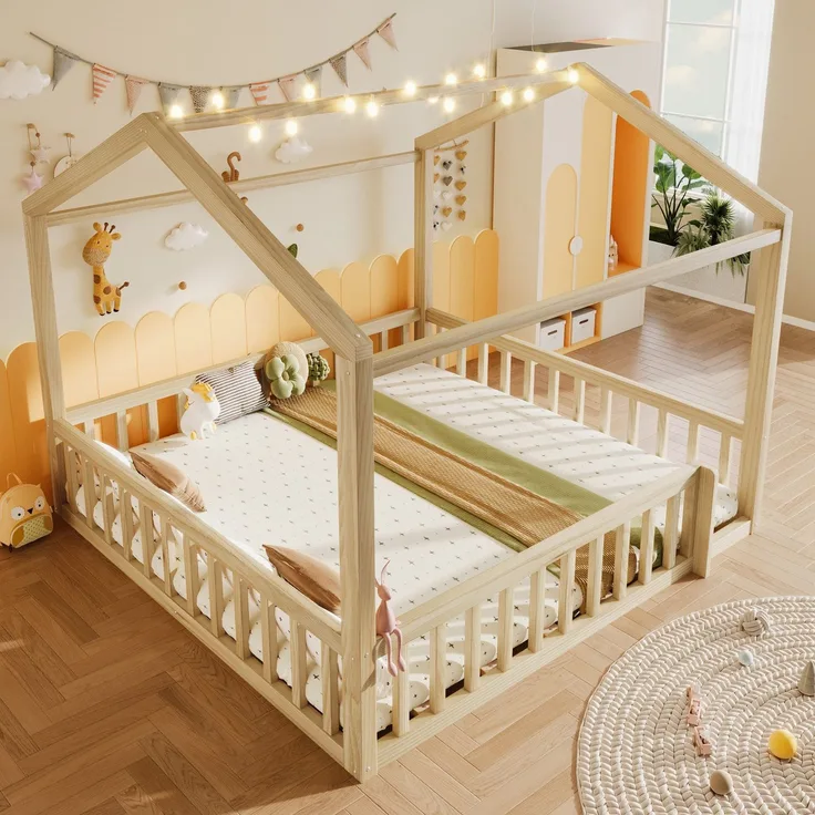 Hausbett mit LED Kugel-Lichterkette, 90x190cm*2/180x190cm, Kinderbett mit Rausfallschutz und Lattenrost, Kiefer