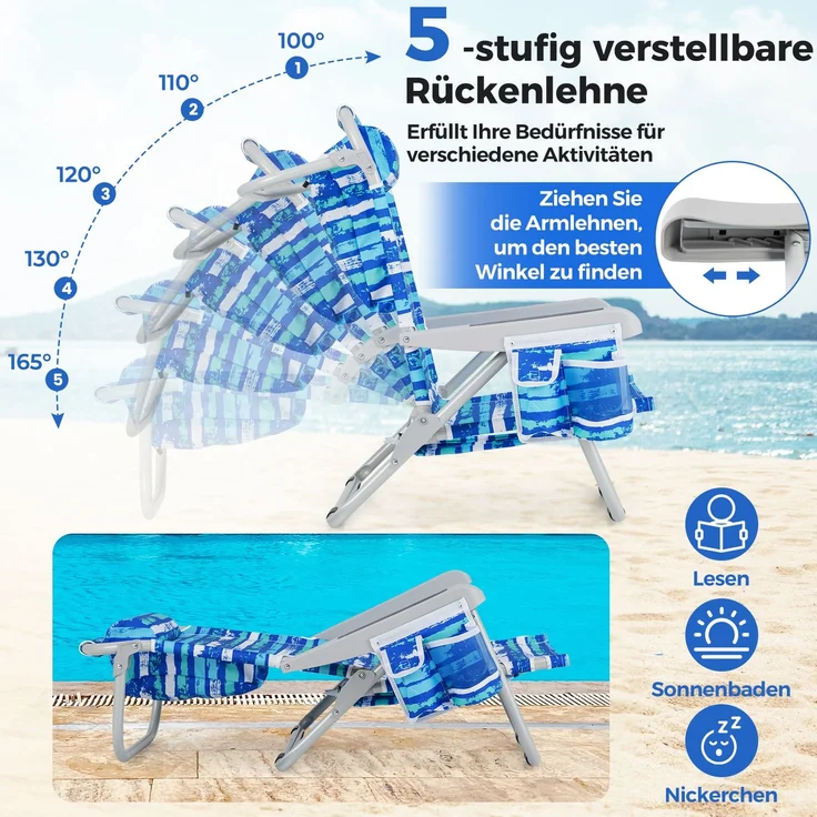 Klappbarer Strandstuhl mit Verstellbarer Rückenlehne Leichter Campingstuhl Blauer Streifen SH378 – Bild 5