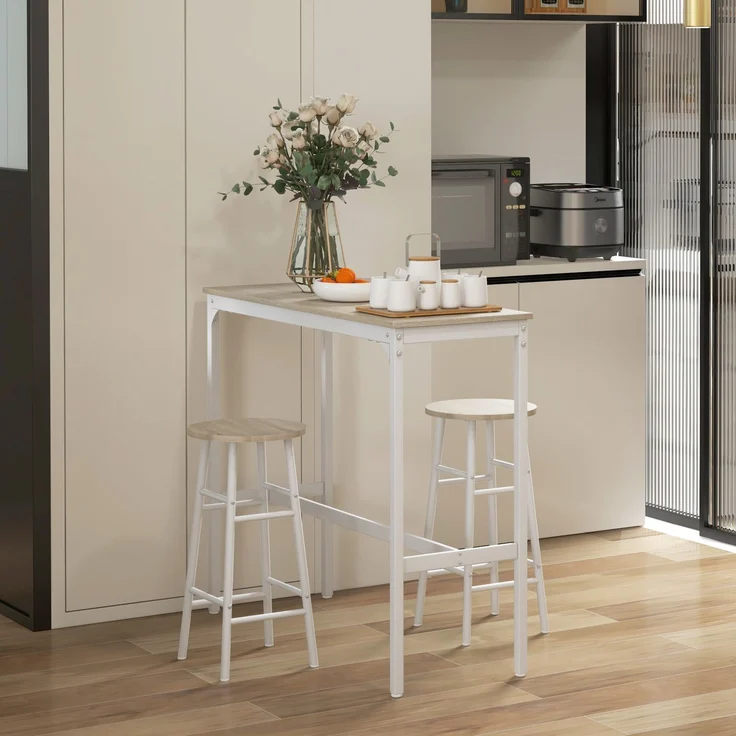 MELAYR, Stehtisch mit 2 Barhockern, Stahlgestell, Tischplatte in Holzoptik, für 2 Personen, 119 x 50 x 15,5 cm, Eiche – Bild 4