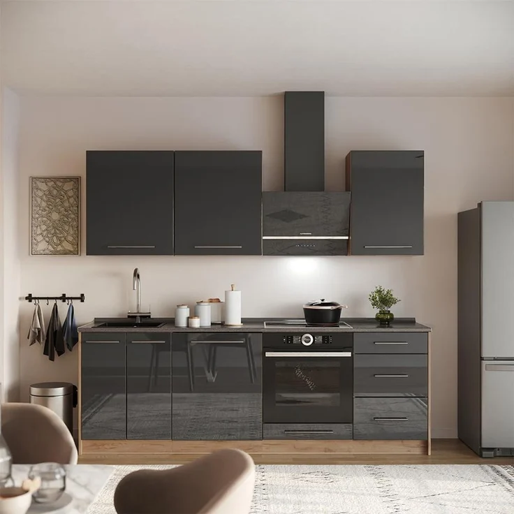 Küchenzeile Fame-Line Anthrazit Hochglanz/Goldkraft Eiche 230 cm, AP Eiche Vicco – Bild 3