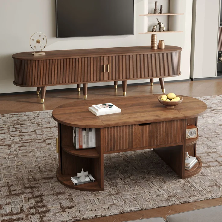 EINHOM 2-Teiliges Wohnzimmerset, Couchtisch mit Hubplatte, TV-Schrank, Schiebetüren, Vertikale Riffelung, Holzfüße, Goldene Griffe, Stauraum – Bild 4