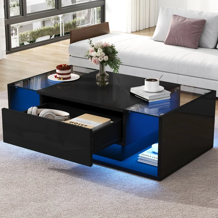 Quadratischer Couchtisch 100 x 50 x 31 cm, Hochglanz schwarz, gehärtetes Glas, 1 Schublade, halboffener Stauraum,mit LED-Lichtleiste – Bild 1