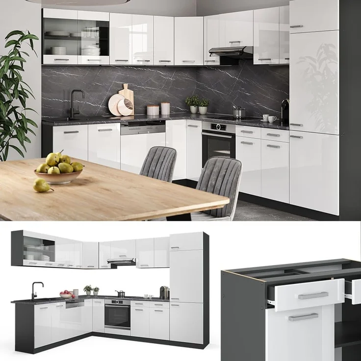 Eckküche R-Line Weiß Hochglanz/Anthrazit 287 x 227 cm ohne Arbeitsplatte Vicco – Bild 4