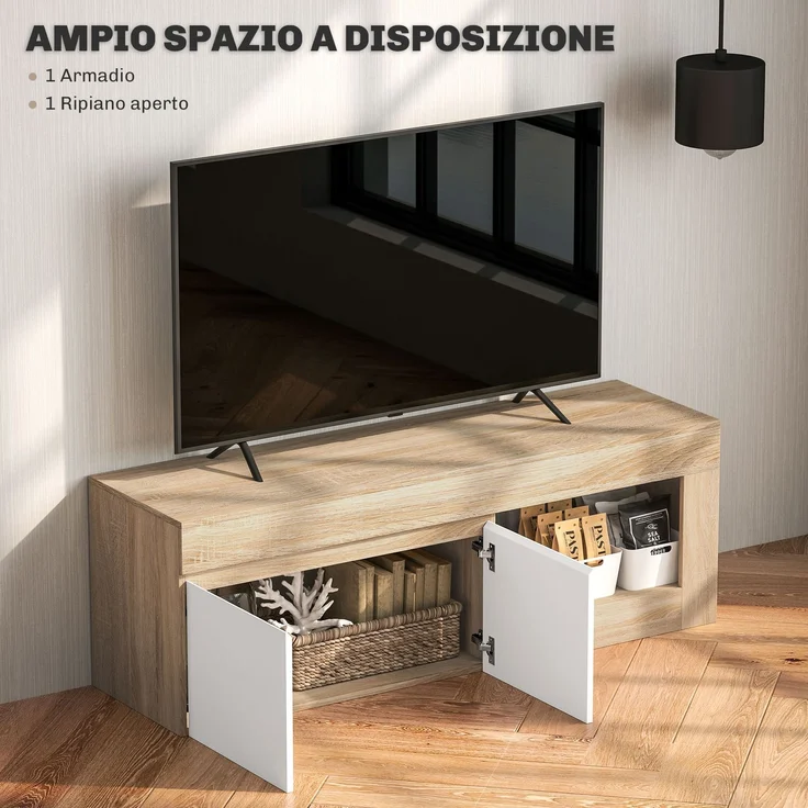 Moderner 60"-TV-Schrank mit 2 Türen und offenem Regal, 140 x 40 x 48 cm, Weiß und Holzoptik – Bild 7