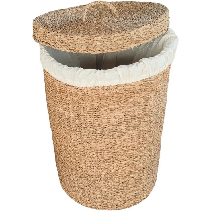 Casa Moro Wäschekorb mit Deckel aus Seegras, rund, 75 L (1 St, Größe M, Ø 42 x H 60 cm), Handgeflochten, Wäschebeutel herausnehmbar und bei 30 °C waschbar