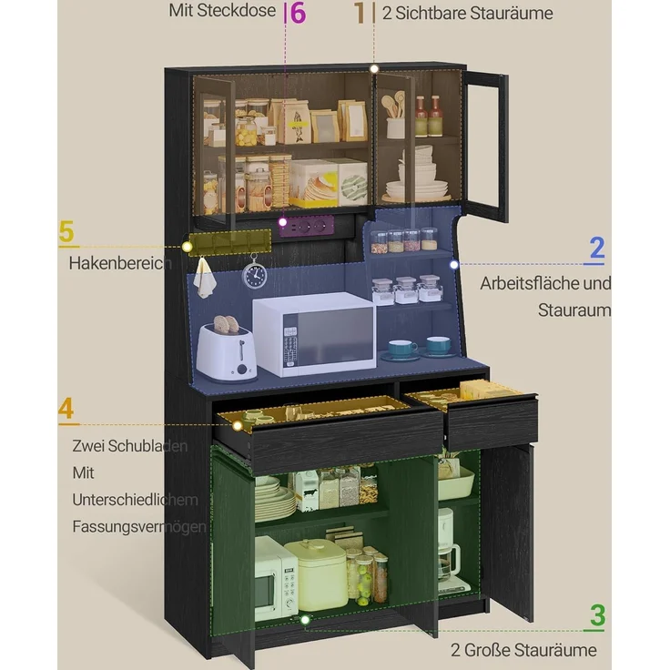 Küchenschrank, Buffetschrank, Hochschrank mit Steckdosen und LED-Lichtleisten, mit Arbeitsplatten und Zwei Schubladen, Verstellbare Einlegeböden, Küche, 40 x 100 x 180 cm, Schwarz – Bild 3