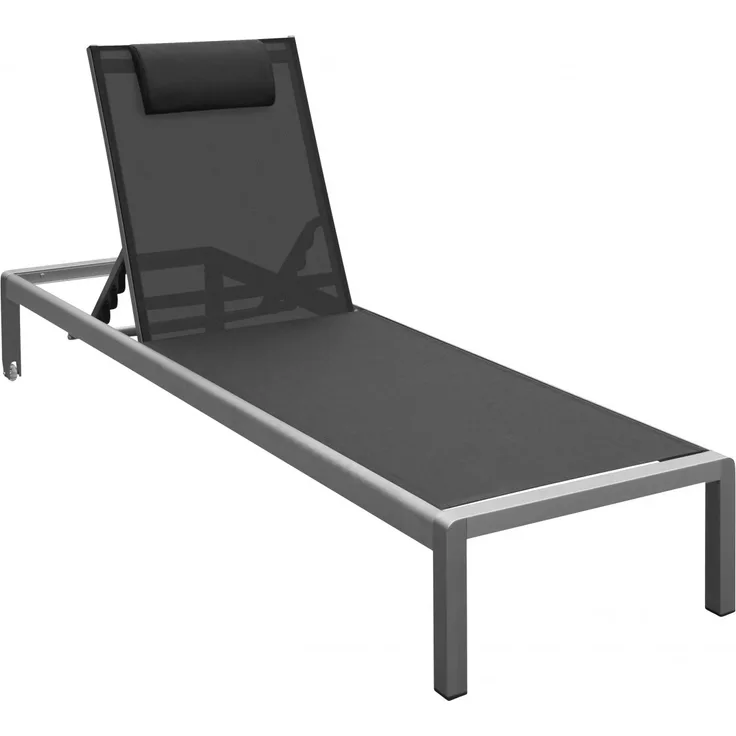 Alu Sonnenliege Monaco Bezug Schwarz aus eloxiertem Aluminium mit Kopfkissen und Rollen