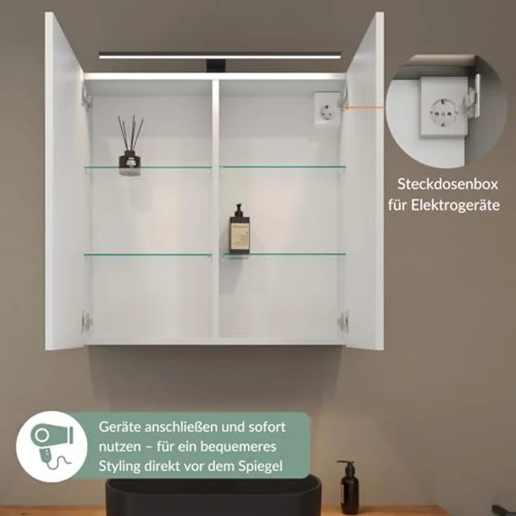Planetmöbel ARIA Spiegelschrank Bad mit Beleuchtung 70 cm breit | Badschrank hängend mit Spiegel | Weiß Grau, mit Leuchte und Steckdose, Spiegelschrank Gäste WC 70 x 70 x 16 cm – Bild 8
